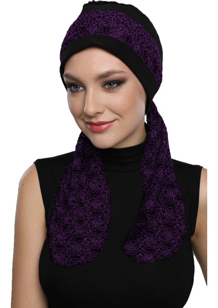 Buklet Bandana Bağlamalı Siyah Mor Hazır Türban Tesettür Bone