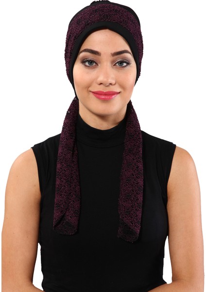 Buklet Bandana Bağlamalı Siyah Mor Hazır Türban Tesettür Bone