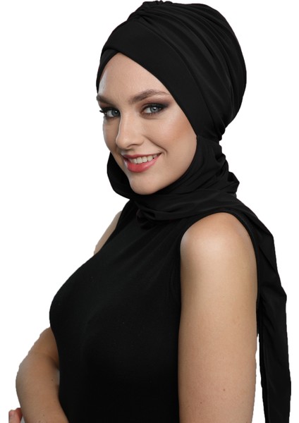 Kardelen Atkılı Siyah Hazır Türban Tesettür Bone