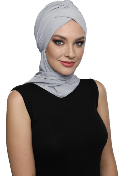 Kardelen Atkılı Açık Gri Hazır Türban Tesettür Bone