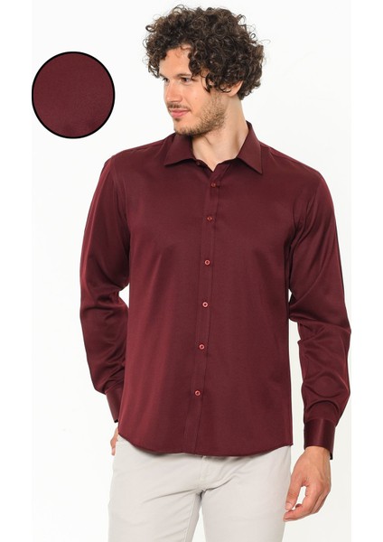 Erkek Bordo Dar Kesim Slim Fit Düz Uzun Kol Gömlek