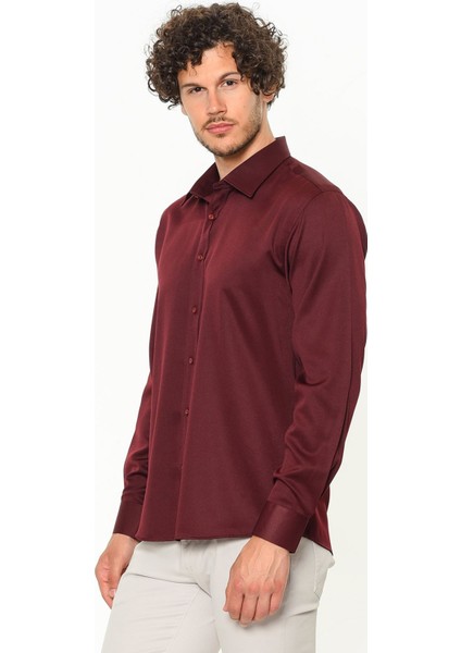 Erkek Bordo Dar Kesim Slim Fit Düz Uzun Kol Gömlek modelleri