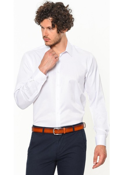 Erkek Beyaz Dar Kesim Slim Fit Düz Uzun Kol Gömlek