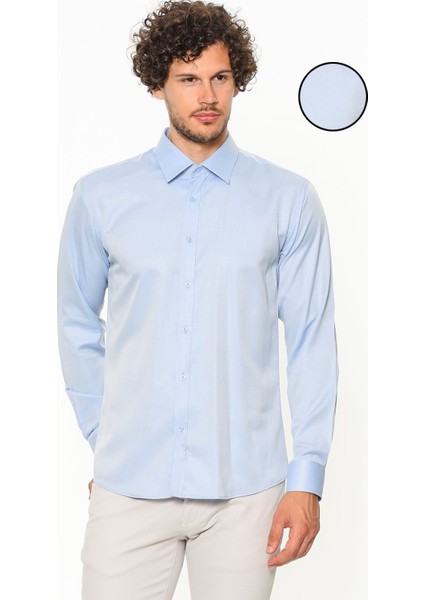 Erkek Mavi Slim Fit Düz Uzun Kol Gömlek