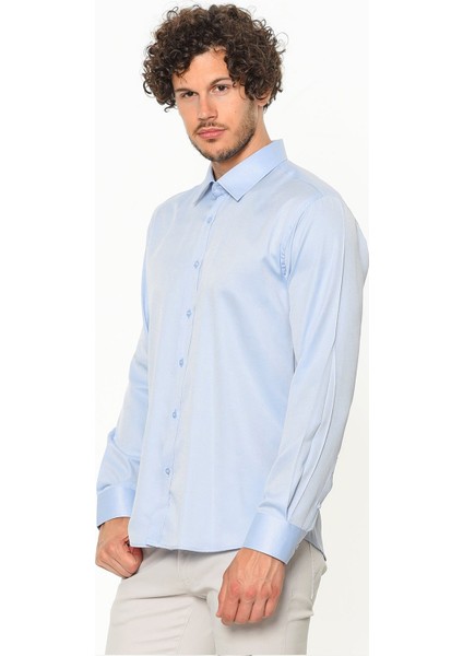 Erkek Mavi Slim Fit Düz Uzun Kol Gömlek fiyatları