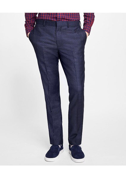 Erkek Lacivert Kareli Red Fleece Klasik Pantolon