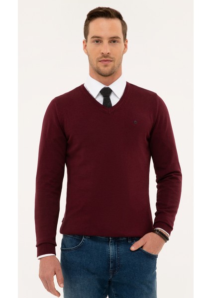 Erkek Bordo Slim Fit V Yaka Basic Triko Kazak 50230806-VR014