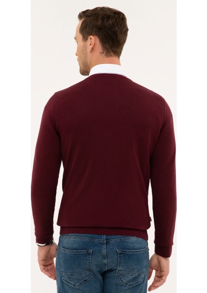 Erkek Bordo Slim Fit V Yaka Basic Triko Kazak 50230806-VR014