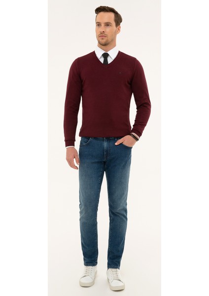 Erkek Bordo Slim Fit V Yaka Basic Triko Kazak 50230806-VR014