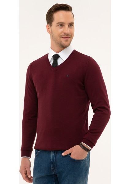 Erkek Bordo Slim Fit V Yaka Basic Triko Kazak 50230806-VR014