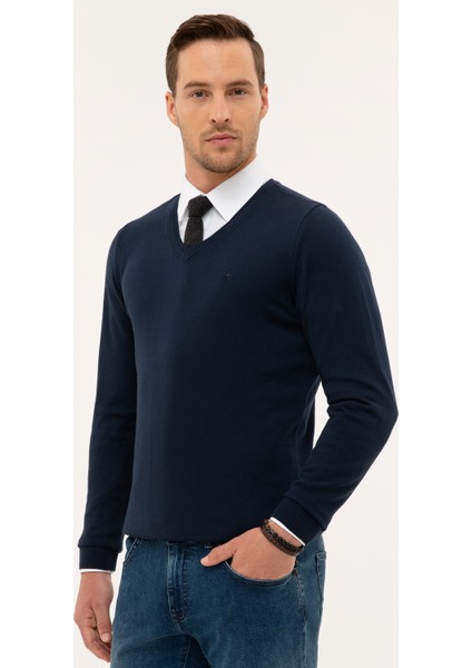 Erkek Lacivert Slim Fit V Yaka Basic Triko Kazak 50230806-VR033 modelleri