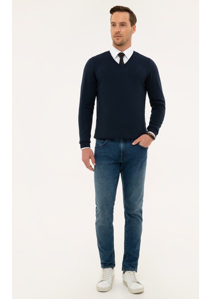 Erkek Lacivert Slim Fit V Yaka Basic Triko Kazak 50230806-VR033 indirimleri