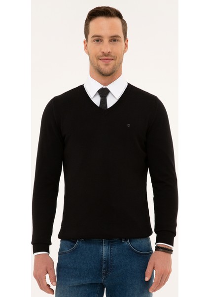 Erkek Siyah Slim Fit V Yaka Basic Triko Kazak 50230806-VR046