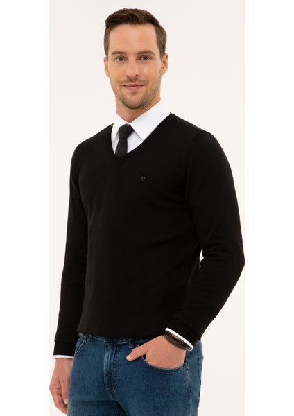 Erkek Siyah Slim Fit V Yaka Basic Triko Kazak 50230806-VR046 modelleri