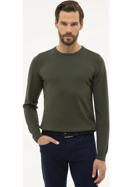 Pierre Cardin Erkek Yeşil Slim Fit Bisiklet Yaka Basic Triko Kazak 50230805-VR054