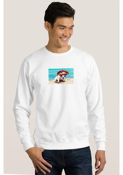 Vacation Puppys 2 Baskılı Beyaz Erkek Sweatshirt