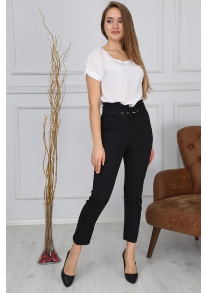 Beli Kemerli Siyah Kumaş Pantolon 44