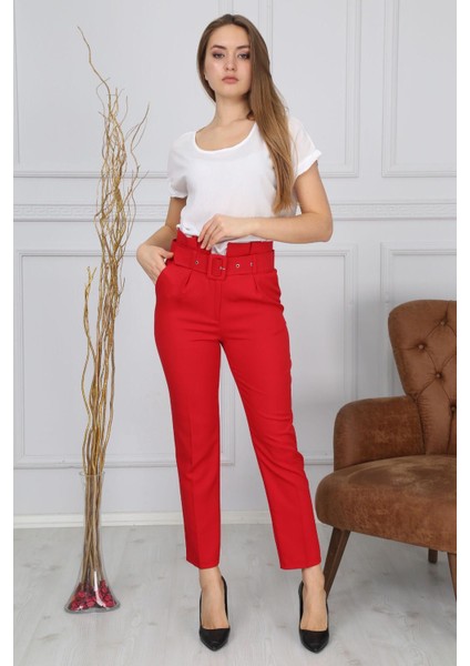 Beli Kemerli Kırmızı Kumaş Pantolon 42