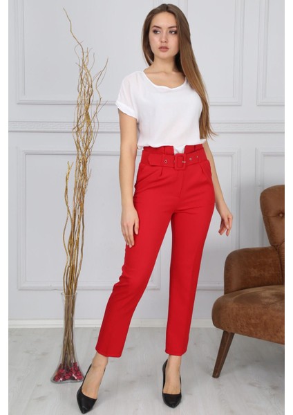 Beli Kemerli Kırmızı Kumaş Pantolon 42