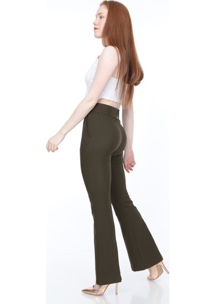 Beli Kemerli Haki Kumaş Pantolon 40