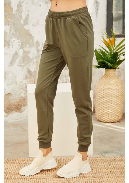 Haki Yüksek Bel Jogger Rahat Form Manşetli Kadın Eşofman Alt - 94561