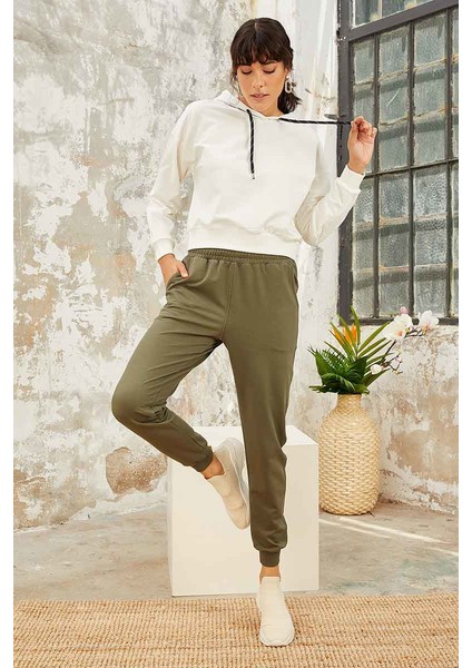 Haki Yüksek Bel Jogger Rahat Form Manşetli Kadın Eşofman Alt - 94561
