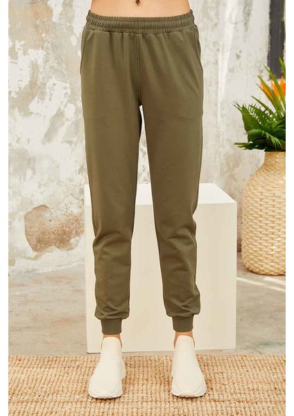 Haki Yüksek Bel Jogger Rahat Form Manşetli Kadın Eşofman Alt - 94561
