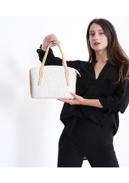 Just Polo Krem-Sarı Kadın Desenli 3 Bölmeli Omuz Çantası