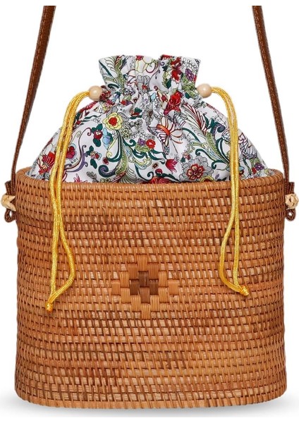 22 Cm Büzgülü Silindir Rattan Çanta