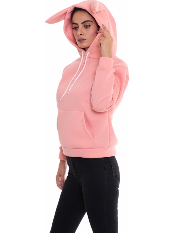 Elifnur Pembe Kulakli Kapusonlu Sweatshirt Fiyati
