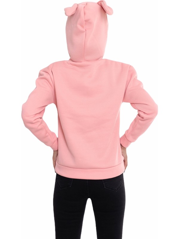 Elifnur Pembe Kulakli Kapusonlu Sweatshirt Fiyati