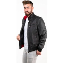 Deri Effect Gri Erkek Kırmızı Yakalı Deri Mont