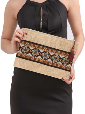 Ju Yaratıcı Tasarım Hasır Kadın Portföy Clutch Çanta Kahve