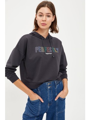 DeFacto Slogan Desenli Regular Fit Kapüşonlu Uzun Kollu Sweatshirt S1166AZ20AU