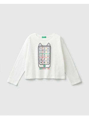 United Colors Of Benetton Kız Çocuk Cep Telefonu Baskılı Tshirt