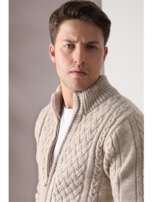 Ferraro Bej Fermuarlı Kalın Yün Erkek Triko Hırka