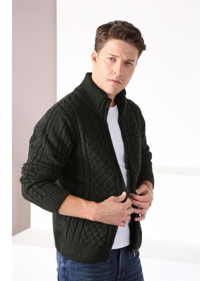 Ferraro Haki Fermuarlı Kalın Yün Erkek Triko Hırka