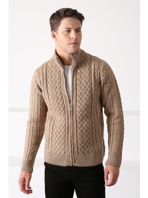 Ferraro Koyu Bej Fermuarlı Kalın Yün Erkek Triko Hırka