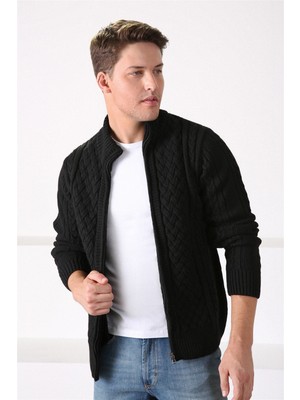 Ferraro Siyah Fermuarlı Kalın Yün Erkek Triko Hırka