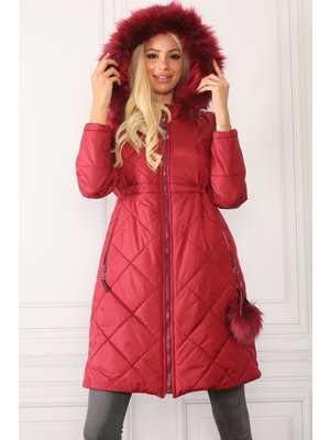 Dewberry Z6646 Dewberryn Kürklü Ponponlu Kadın Kaban-Bordo