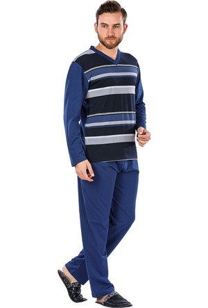 Mavi Saf Pamuklu Cizgili Pijama Takimi T07004630 Marks Spencer
