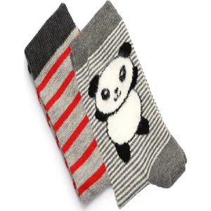 2'li Erkek Çocuk Asortili Panda ve Çizgili Desenli Çorap 2239-B2