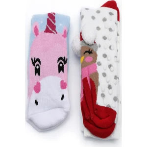 2'li Kız Çocuk  Atkı-Bereli Kuş  Unicorn Desenli Havlu Çorap 6031-B2