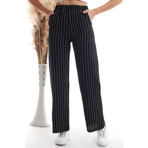 Cotton Mood 20333459 Keten Çizgi Desenli Cepli Pantolon Siyah