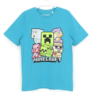 Minecraft Silikon Baskılı Erkek Çocuk T-Shirt 4 - 12 Yaş Mavi