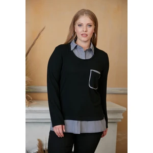 Cep Detaylı Ekoseli Büyük Beden Lacivert Gömlek Bluz