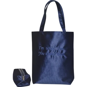 Slogan Nakışlı Kadife Tote Çantaİkili Set