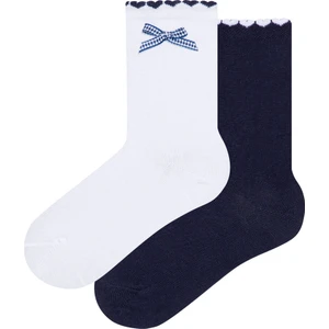 Whıte-Navy Kız Çocuk Mini Kurdele 2'li Soket Çorap