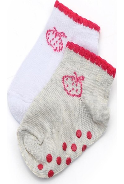 Ciorap 2'li Bebek Çilek Desenli Kaydırmaz Çorap 5860-B2