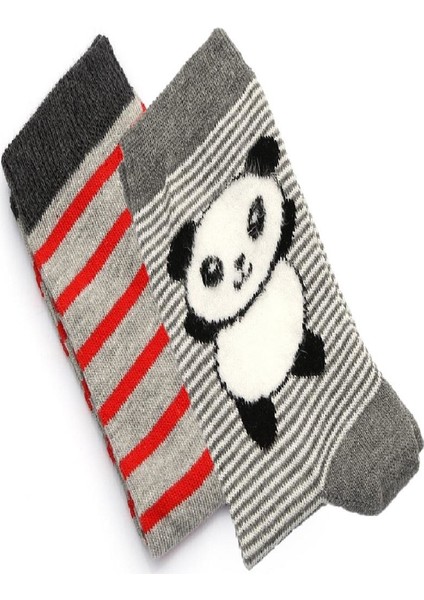 2'li Erkek Çocuk Asortili Panda ve Çizgili Desenli Çorap 2239-B2